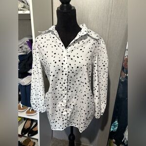 Polka Dot Button-Up Blouse - White and Black